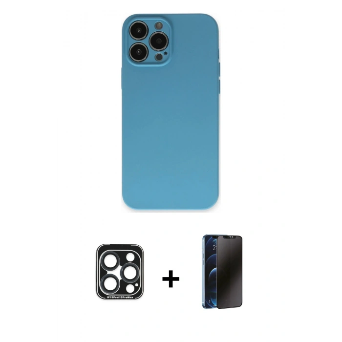 MARSİLYAN™- iPhone 15 Pro Max Kılıf Ahenk Serisi - Siyah 3D Antistatik Hayalet Cam Ekran Koruyucu + PVD Metal Kamera Lens - LT