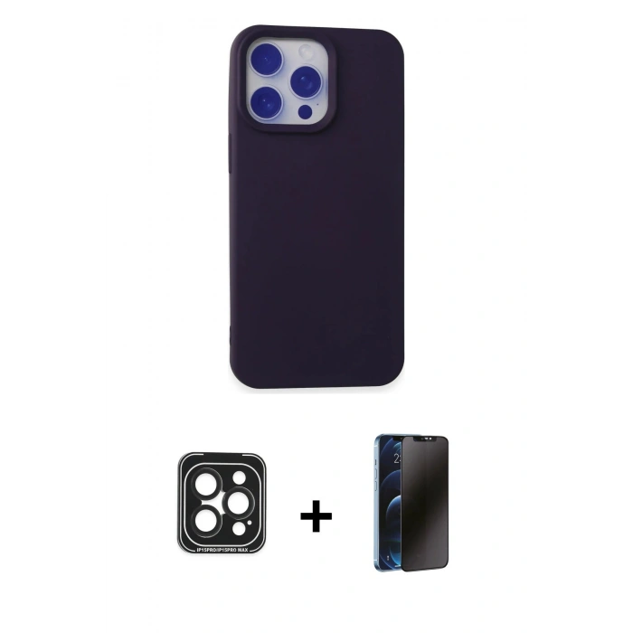 MARSİLYAN™- iPhone 15 Pro Max Kılıf Ahenk Serisi - Siyah 3D Antistatik Hayalet Cam Ekran Koruyucu + PVD Metal Kamera Lens - SH