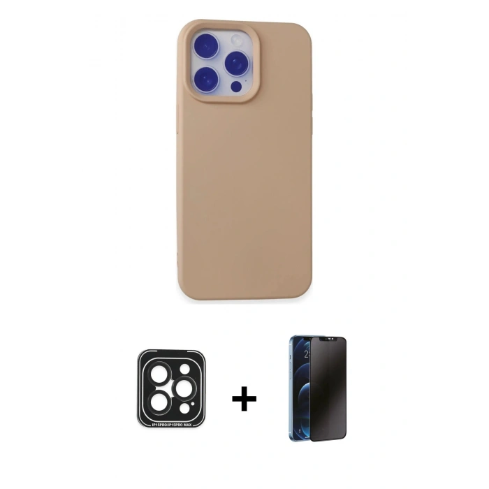 MARSİLYAN™- iPhone 15 Pro Max Kılıf Ahenk Serisi - Siyah 3D Antistatik Hayalet Cam Ekran Koruyucu + PVD Metal Kamera Lens - SH