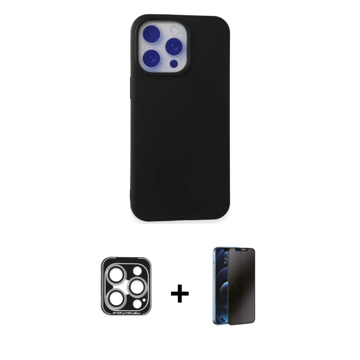 MARSİLYAN™- iPhone 15 Pro Max Kılıf Ahenk Serisi - Siyah 3D Antistatik Hayalet Cam Ekran Koruyucu + PVD Metal Kamera Lens - GS