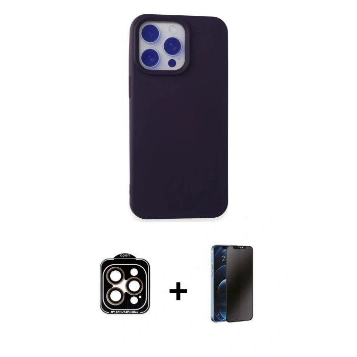 MARSİLYAN™- iPhone 15 Pro Max Kılıf Ahenk Serisi - Siyah 3D Antistatik Hayalet Cam Ekran Koruyucu + PVD Metal Kamera Lens - TU