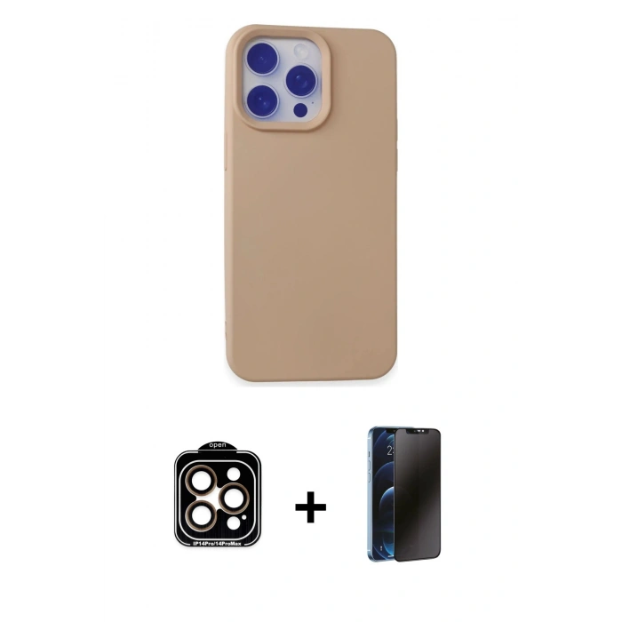 MARSİLYAN™- iPhone 15 Pro Max Kılıf Ahenk Serisi - Siyah 3D Antistatik Hayalet Cam Ekran Koruyucu + PVD Metal Kamera Lens - TU