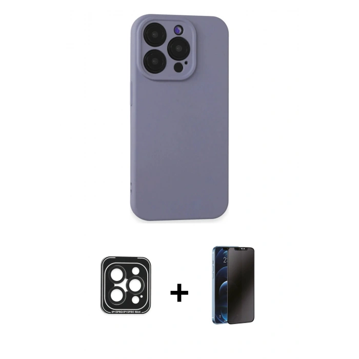 MARSİLYAN™- iPhone 15 Pro Max Kılıf Ahenk Serisi - Siyah 3D Antistatik Hayalet Cam Ekran Koruyucu + PVD Metal Kamera Lens - SH