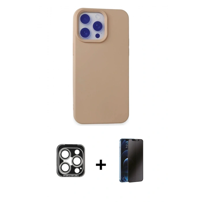 MARSİLYAN™- iPhone 15 Pro Max Kılıf Ahenk Serisi - Siyah 3D Antistatik Hayalet Cam Ekran Koruyucu + PVD Metal Kamera Lens - GS