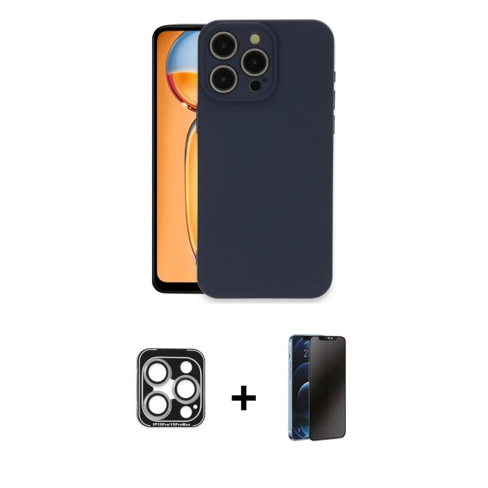 MARSİLYAN™- iPhone 15 Pro Max Kılıf Ahenk Serisi - Siyah 3D Antistatik Hayalet Cam Ekran Koruyucu + PVD Metal Kamera Lens - GS