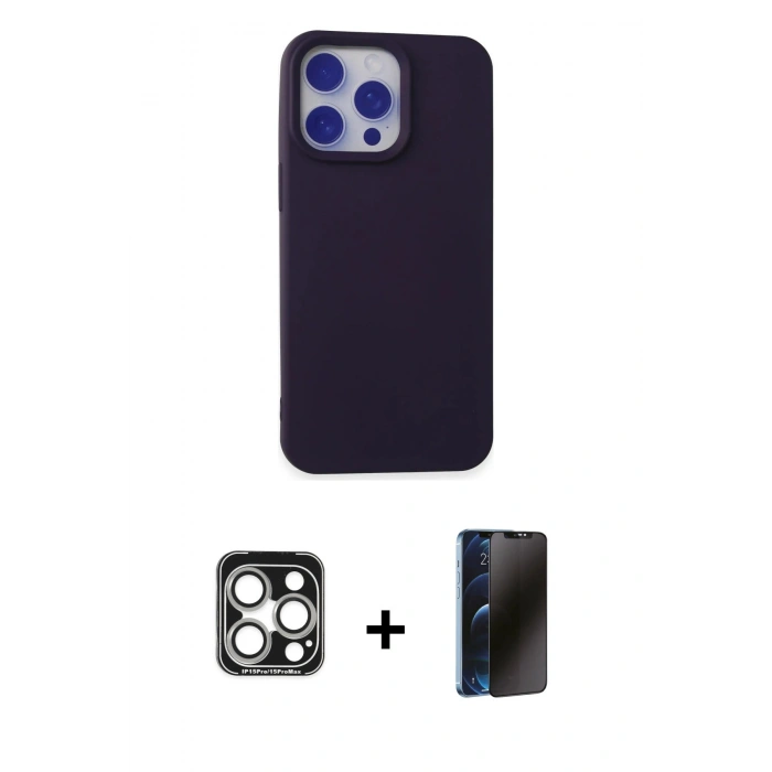 MARSİLYAN™- iPhone 15 Pro Max Kılıf Ahenk Serisi - Siyah 3D Antistatik Hayalet Cam Ekran Koruyucu + PVD Metal Kamera Lens - GS