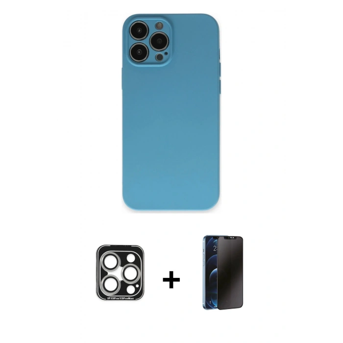 MARSİLYAN™- iPhone 15 Pro Max Kılıf Ahenk Serisi - Siyah 3D Antistatik Hayalet Cam Ekran Koruyucu + PVD Metal Kamera Lens - GS