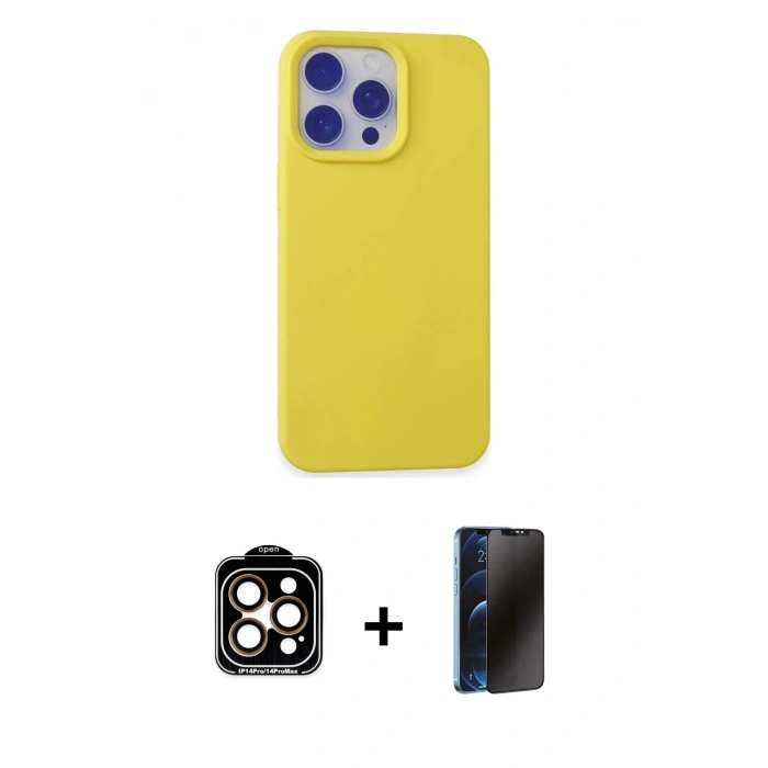 MARSİLYAN™- iPhone 15 Pro Max Kılıf Ahenk Serisi - Siyah 3D Antistatik Hayalet Cam Ekran Koruyucu + PVD Metal Kamera Lens - TU