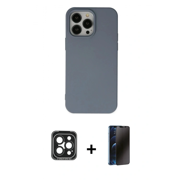 MARSİLYAN™- iPhone 15 Pro Max Kılıf Ahenk Serisi - Siyah 3D Antistatik Hayalet Cam Ekran Koruyucu + PVD Metal Kamera Lens - SH