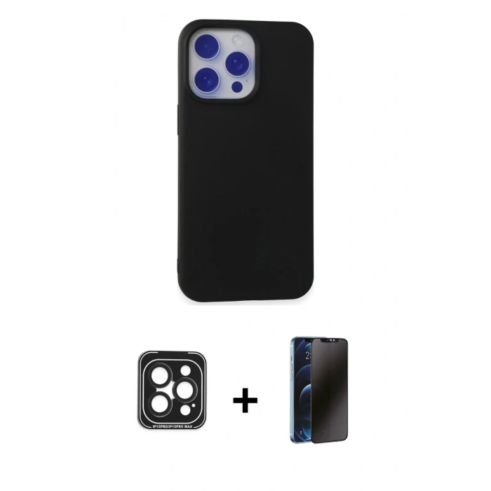 MARSİLYAN™- iPhone 15 Pro Max Kılıf Ahenk Serisi - Siyah 3D Antistatik Hayalet Cam Ekran Koruyucu + PVD Metal Kamera Lens - SH