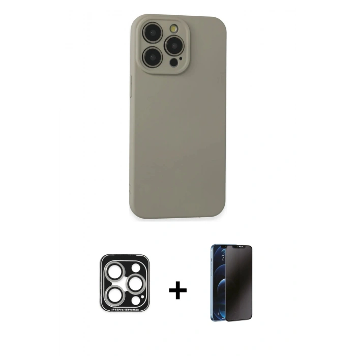 MARSİLYAN™- iPhone 15 Pro Max Kılıf Ahenk Serisi - Siyah 3D Antistatik Hayalet Cam Ekran Koruyucu + PVD Metal Kamera Lens - GS