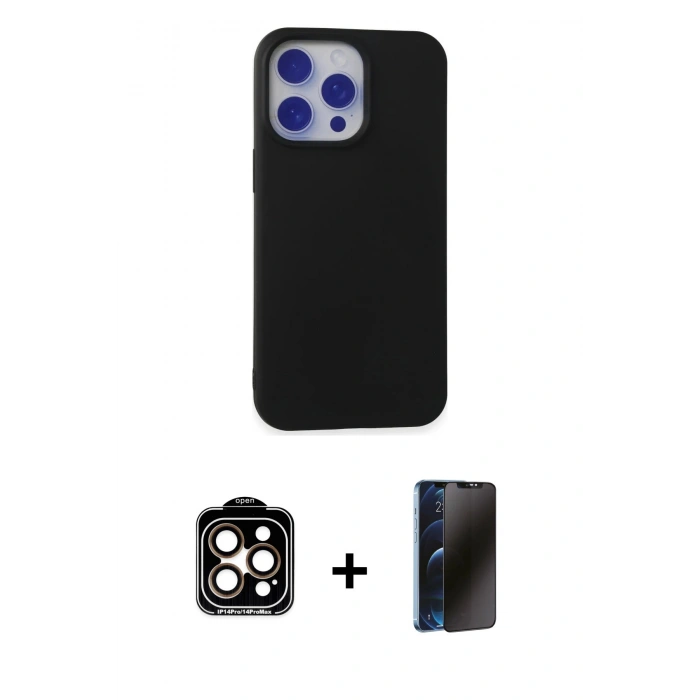 MARSİLYAN™- iPhone 15 Pro Max Kılıf Ahenk Serisi - Siyah 3D Antistatik Hayalet Cam Ekran Koruyucu + PVD Metal Kamera Lens - TU