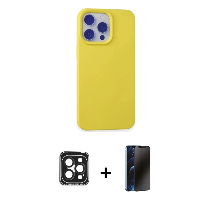 MARSİLYAN™- iPhone 15 Pro Max Kılıf Ahenk Serisi - Siyah 3D Antistatik Hayalet Cam Ekran Koruyucu + PVD Metal Kamera Lens - SH