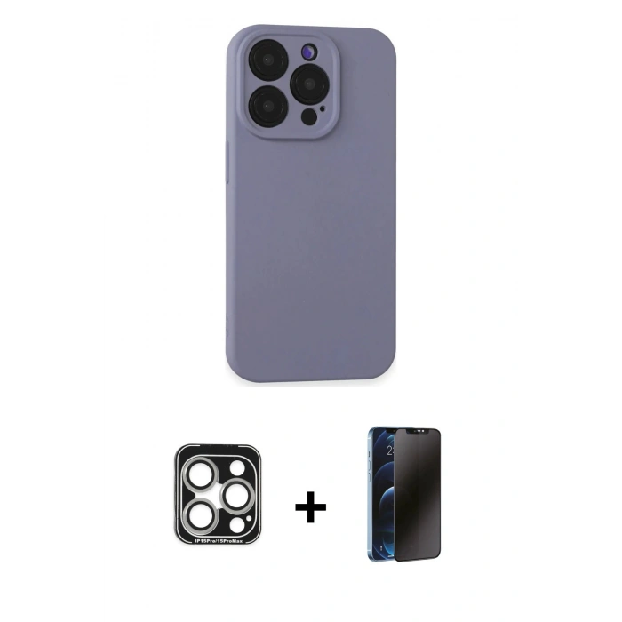 MARSİLYAN™- iPhone 15 Pro Max Kılıf Ahenk Serisi - Siyah 3D Antistatik Hayalet Cam Ekran Koruyucu + PVD Metal Kamera Lens - GS