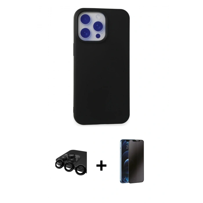 MARSİLYAN™- iPhone 15 Pro Max Kılıf Ahenk Serisi - Siyah 3D Antistatik Hayalet Cam Ekran Koruyucu + Raze Metal Kamera Lens - SH