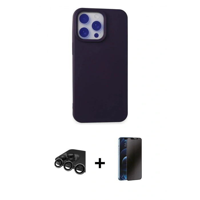 MARSİLYAN™- iPhone 15 Pro Max Kılıf Ahenk Serisi - Siyah 3D Antistatik Hayalet Cam Ekran Koruyucu + Raze Metal Kamera Lens - TMGI