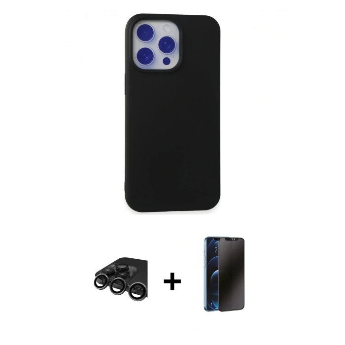 MARSİLYAN™- iPhone 15 Pro Max Kılıf Ahenk Serisi - Siyah 3D Antistatik Hayalet Cam Ekran Koruyucu + Raze Metal Kamera Lens - TMGI