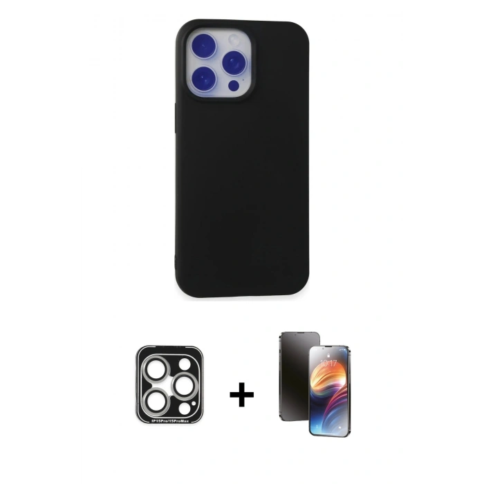 MARSİLYAN™- iPhone 15 Pro Max Kılıf Ahenk Serisi - Siyah 3D Antistatik Mat Seramik Nano Ekran Koruyucu + PVD Metal Kamera Lens - GS
