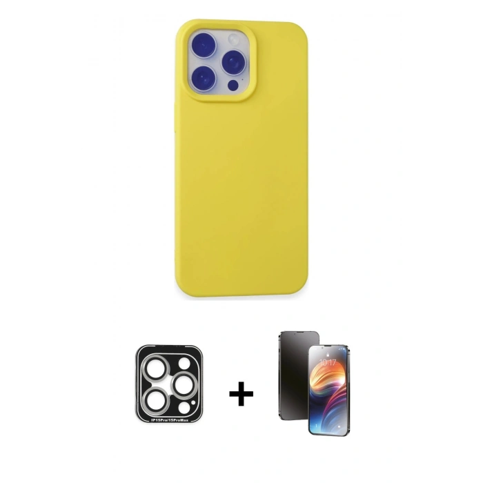 MARSİLYAN™- iPhone 15 Pro Max Kılıf Ahenk Serisi - Siyah 3D Antistatik Mat Seramik Nano Ekran Koruyucu + PVD Metal Kamera Lens - GS