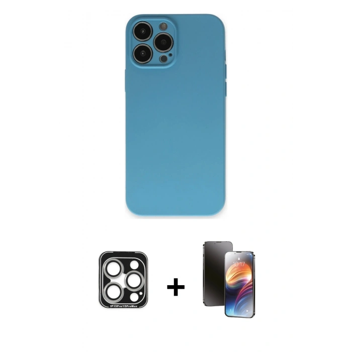 MARSİLYAN™- iPhone 15 Pro Max Kılıf Ahenk Serisi - Siyah 3D Antistatik Mat Seramik Nano Ekran Koruyucu + PVD Metal Kamera Lens - GS