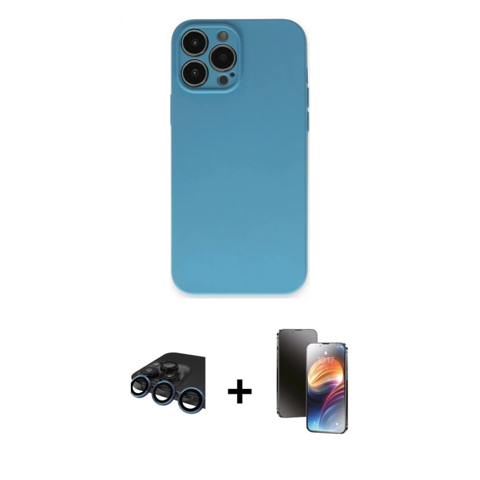 MARSİLYAN™- iPhone 15 Pro Max Kılıf Ahenk Serisi - Siyah 3D Antistatik Mat Seramik Nano Ekran Koruyucu + Lacivert Raze Metal Kamera Lens