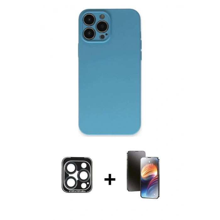 MARSİLYAN™- iPhone 15 Pro Max Kılıf Ahenk Serisi - Siyah 3D Antistatik Mat Seramik Nano Ekran Koruyucu + PVD Metal Kamera Lens - LT
