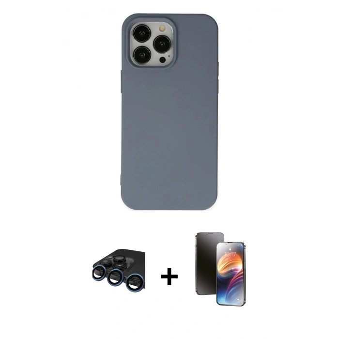 MARSİLYAN™- iPhone 15 Pro Max Kılıf Ahenk Serisi - Siyah 3D Antistatik Mat Seramik Nano Ekran Koruyucu + Lacivert Raze Metal Kamera Lens