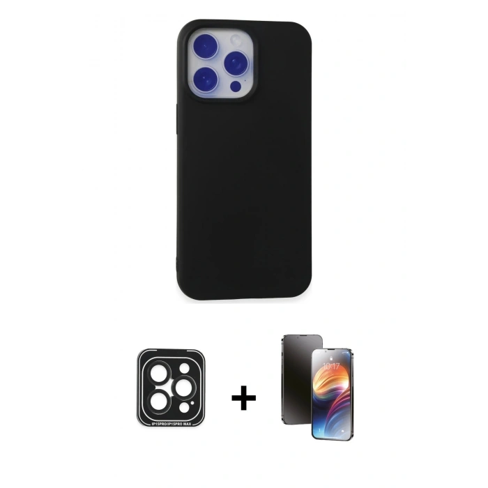 MARSİLYAN™- iPhone 15 Pro Max Kılıf Ahenk Serisi - Siyah 3D Antistatik Mat Seramik Nano Ekran Koruyucu + PVD Metal Kamera Lens - SH