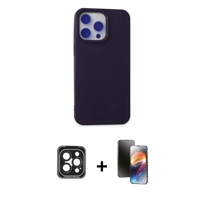 MARSİLYAN™- iPhone 15 Pro Max Kılıf Ahenk Serisi - Siyah 3D Antistatik Mat Seramik Nano Ekran Koruyucu + PVD Metal Kamera Lens - SH