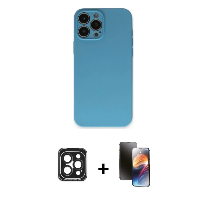 MARSİLYAN™- iPhone 15 Pro Max Kılıf Ahenk Serisi - Siyah 3D Antistatik Mat Seramik Nano Ekran Koruyucu + PVD Metal Kamera Lens - SH