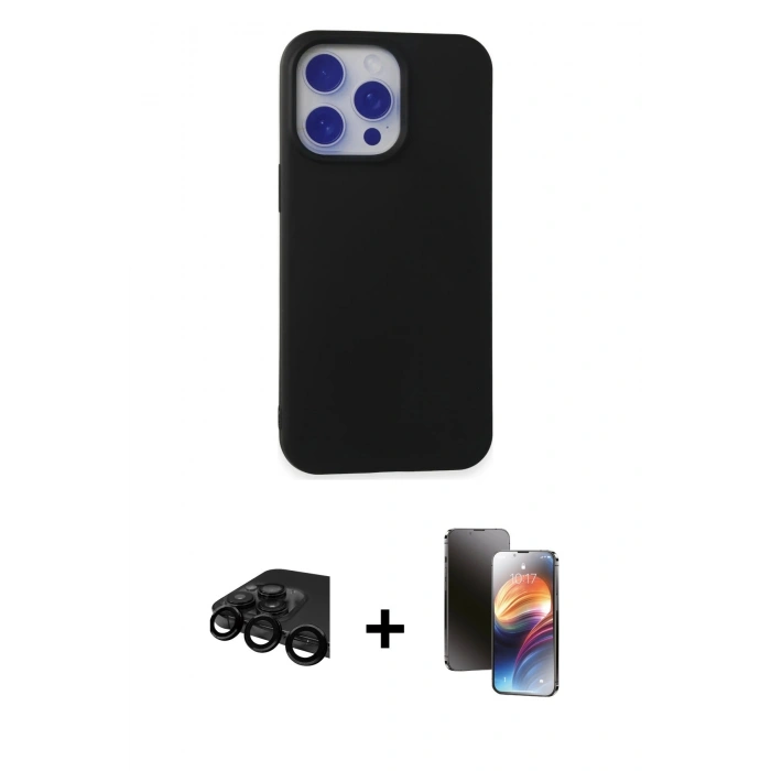 MARSİLYAN™- iPhone 15 Pro Max Kılıf Ahenk Serisi - Siyah 3D Antistatik Mat Seramik Nano Ekran Koruyucu + Raze Metal Kamera Lens - SH