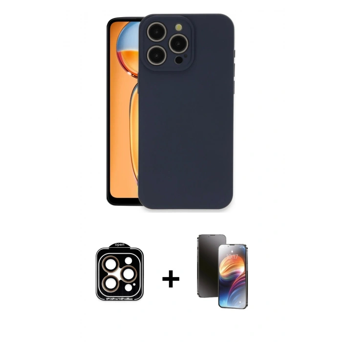 MARSİLYAN™- iPhone 15 Pro Max Kılıf Ahenk Serisi - Siyah 3D Antistatik Mat Seramik Nano Ekran Koruyucu + PVD Metal Kamera Lens - TU