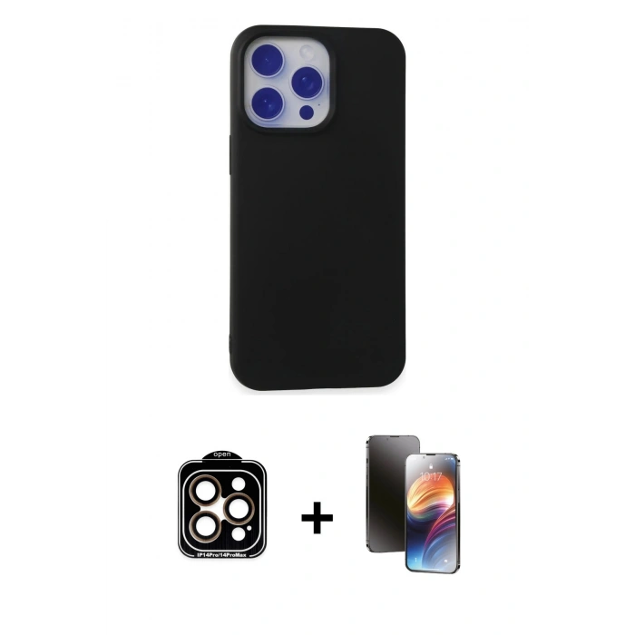 MARSİLYAN™- iPhone 15 Pro Max Kılıf Ahenk Serisi - Siyah 3D Antistatik Mat Seramik Nano Ekran Koruyucu + PVD Metal Kamera Lens - TU