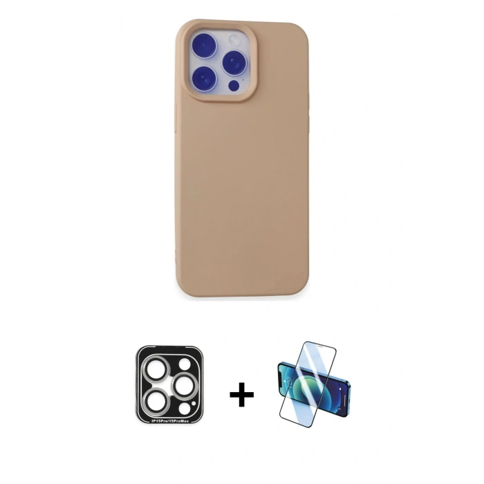 MARSİLYAN™- iPhone 15 Pro Max Kılıf Ahenk Serisi - Siyah 3D Antistatik Seramik Nano Ekran Koruyucu + PVD Metal Kamera Lens - GS