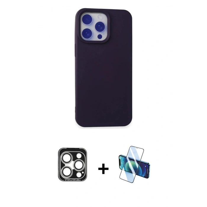 MARSİLYAN™- iPhone 15 Pro Max Kılıf Ahenk Serisi - Siyah 3D Antistatik Seramik Nano Ekran Koruyucu + PVD Metal Kamera Lens - GS