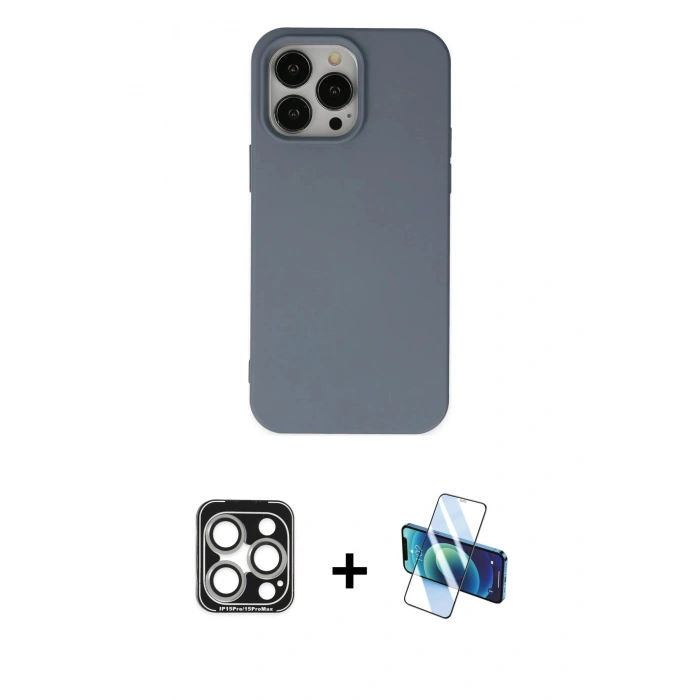 MARSİLYAN™- iPhone 15 Pro Max Kılıf Ahenk Serisi - Siyah 3D Antistatik Seramik Nano Ekran Koruyucu + PVD Metal Kamera Lens - GS