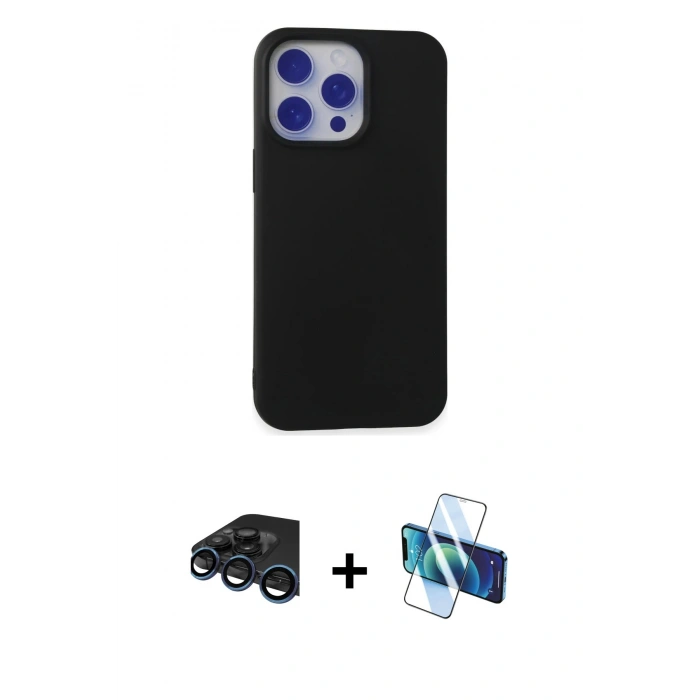 MARSİLYAN™- iPhone 15 Pro Max Kılıf Ahenk Serisi - Siyah 3D Antistatik Seramik Nano Ekran Koruyucu + Raze Metal Kamera Lens - LT