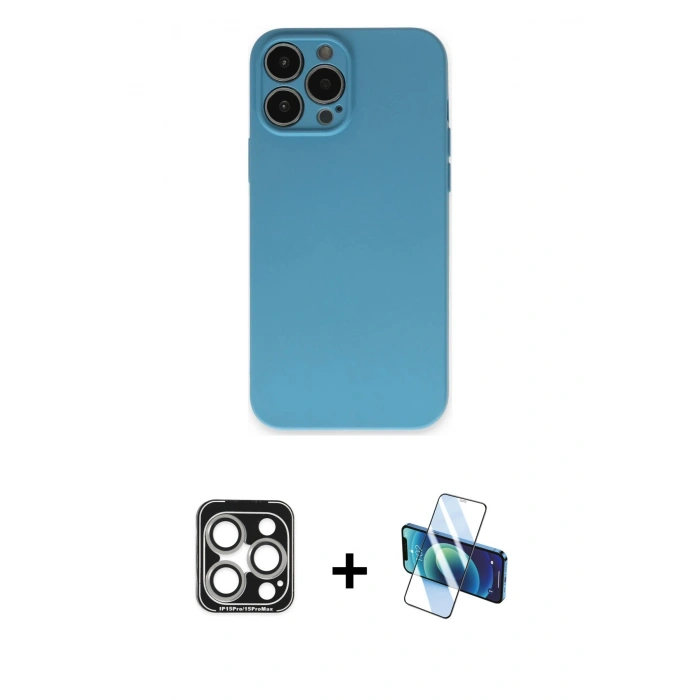 MARSİLYAN™- iPhone 15 Pro Max Kılıf Ahenk Serisi - Siyah 3D Antistatik Seramik Nano Ekran Koruyucu + PVD Metal Kamera Lens - GS