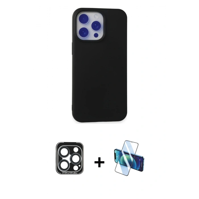 MARSİLYAN™- iPhone 15 Pro Max Kılıf Ahenk Serisi - Siyah 3D Antistatik Seramik Nano Ekran Koruyucu + PVD Metal Kamera Lens - LT