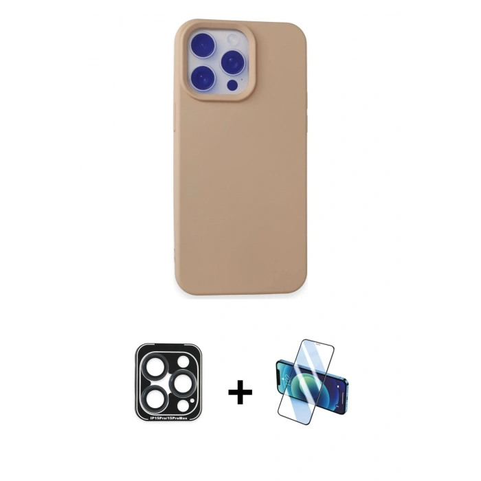 MARSİLYAN™- iPhone 15 Pro Max Kılıf Ahenk Serisi - Siyah 3D Antistatik Seramik Nano Ekran Koruyucu + PVD Metal Kamera Lens - LT