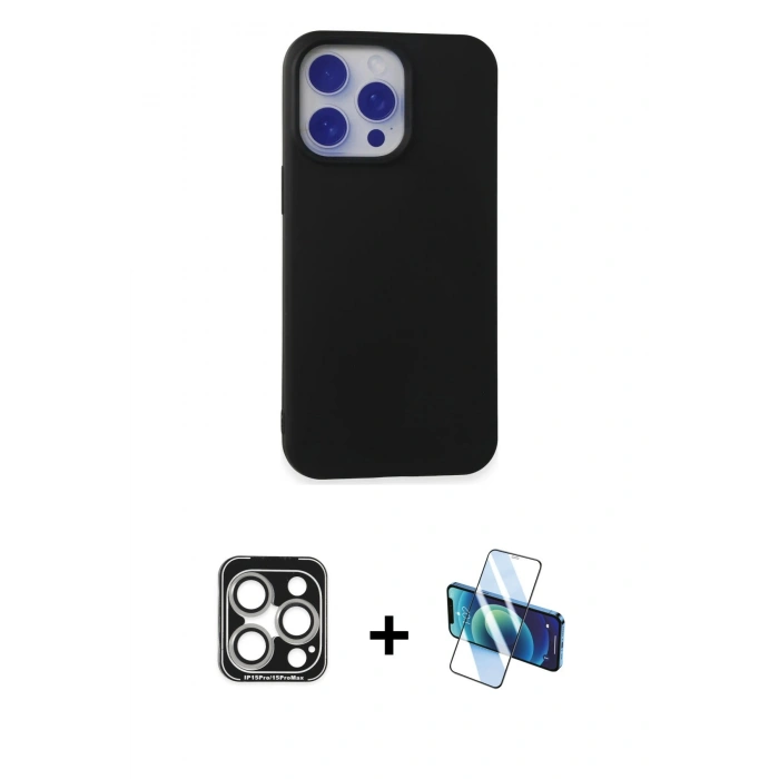 MARSİLYAN™- iPhone 15 Pro Max Kılıf Ahenk Serisi - Siyah 3D Antistatik Seramik Nano Ekran Koruyucu + PVD Metal Kamera Lens - GS