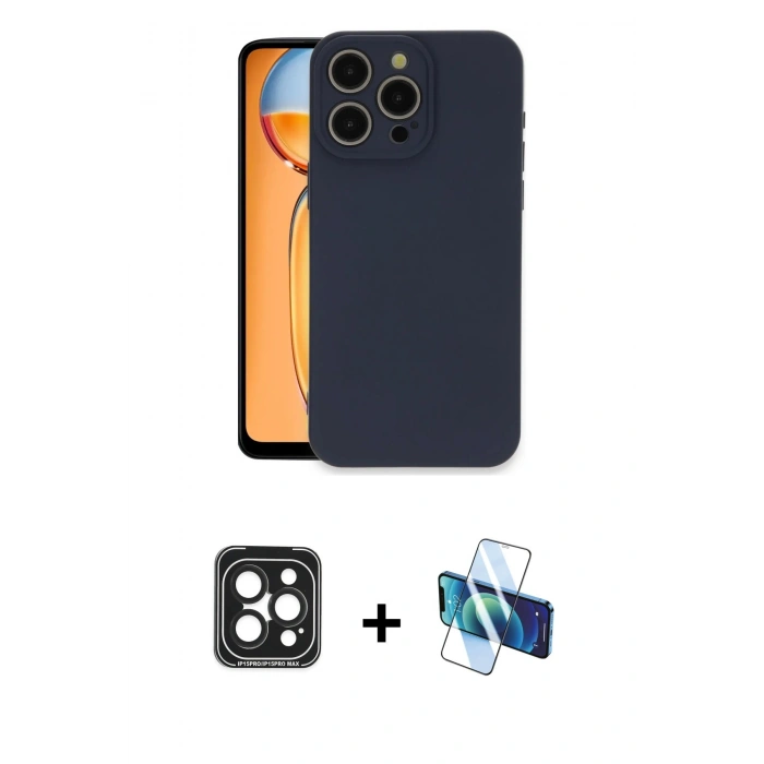 MARSİLYAN™- iPhone 15 Pro Max Kılıf Ahenk Serisi - Siyah 3D Antistatik Seramik Nano Ekran Koruyucu + Siyah PVD Metal Kamera Lens