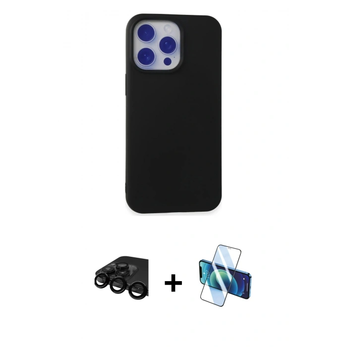 MARSİLYAN™- iPhone 15 Pro Max Kılıf Ahenk Serisi - Siyah 3D Antistatik Seramik Nano Ekran Koruyucu + Siyah Raze Metal Kamera Lens