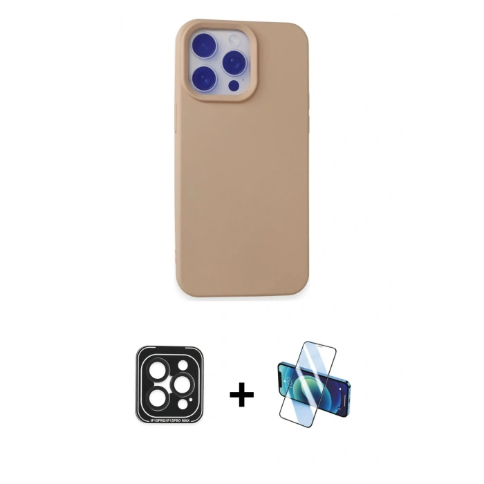 MARSİLYAN™- iPhone 15 Pro Max Kılıf Ahenk Serisi - Siyah 3D Antistatik Seramik Nano Ekran Koruyucu + Siyah PVD Metal Kamera Lens