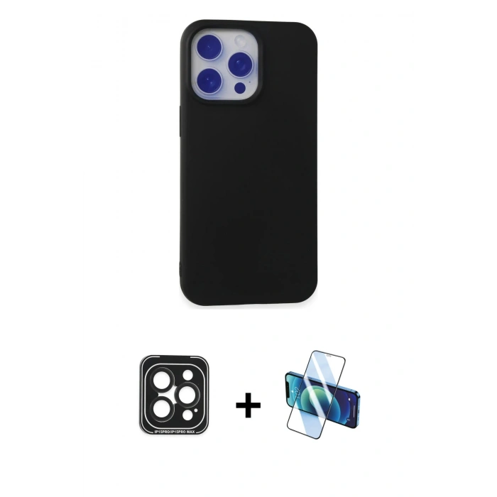 MARSİLYAN™- iPhone 15 Pro Max Kılıf Ahenk Serisi - Siyah 3D Antistatik Seramik Nano Ekran Koruyucu + Siyah PVD Metal Kamera Lens