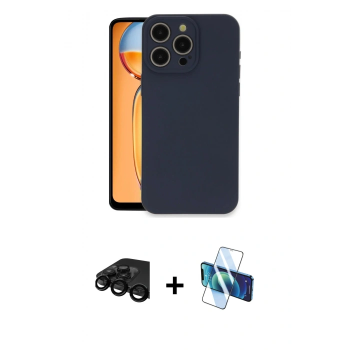 MARSİLYAN™- iPhone 15 Pro Max Kılıf Ahenk Serisi - Siyah 3D Antistatik Seramik Nano Ekran Koruyucu + Siyah Raze Metal Kamera Lens