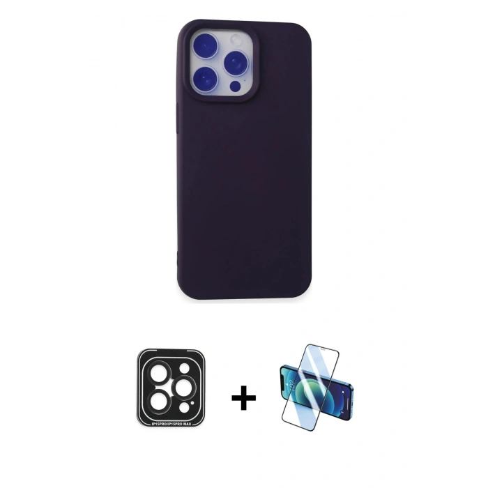 MARSİLYAN™- iPhone 15 Pro Max Kılıf Ahenk Serisi - Siyah 3D Antistatik Seramik Nano Ekran Koruyucu + Siyah PVD Metal Kamera Lens