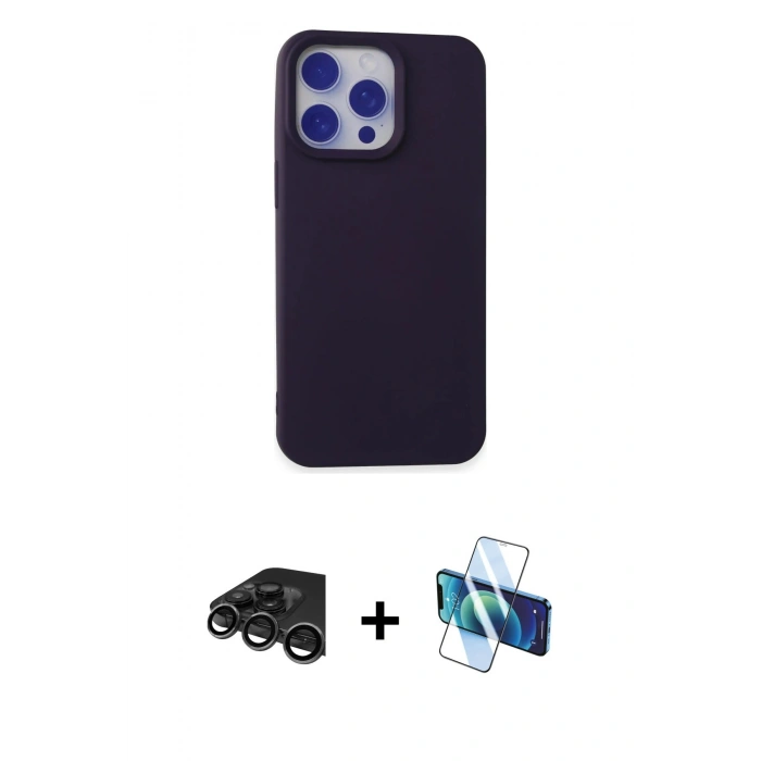 MARSİLYAN™- iPhone 15 Pro Max Kılıf Ahenk Serisi - Siyah 3D Antistatik Seramik Nano Ekran Koruyucu + Raze Metal Kamera Lens - TMGI