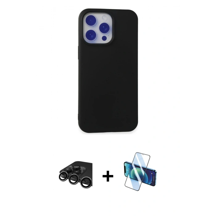 MARSİLYAN™- iPhone 15 Pro Max Kılıf Ahenk Serisi - Siyah 3D Antistatik Seramik Nano Ekran Koruyucu + Raze Metal Kamera Lens - TMGI