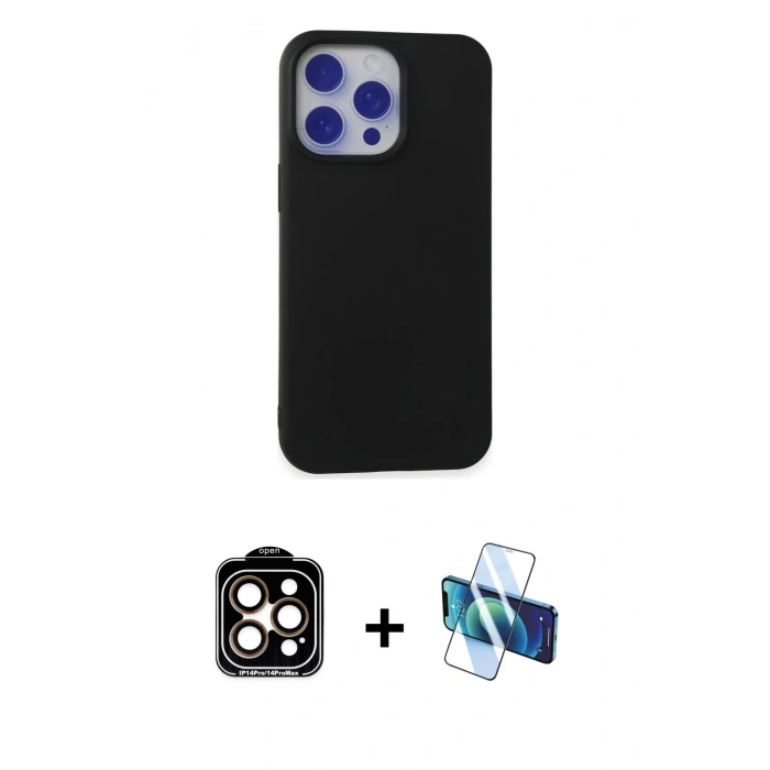 MARSİLYAN™- iPhone 15 Pro Max Kılıf Ahenk Serisi - Siyah 3D Antistatik Seramik Nano Ekran Koruyucu + PVD Metal Kamera Lens - TU